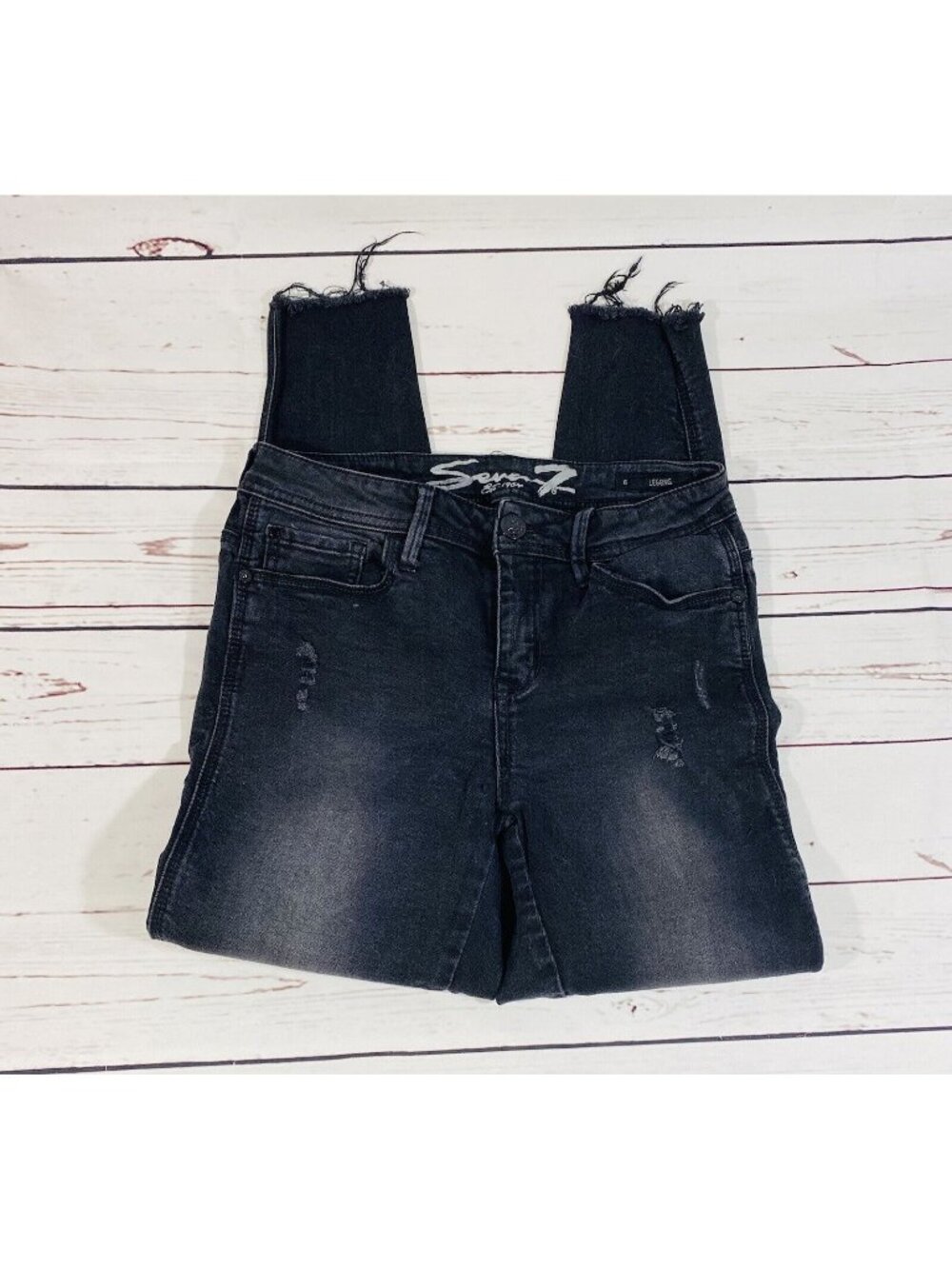 Seven7 Womens Black Distressed Skinny Jeans Size 6 Frayed Hem